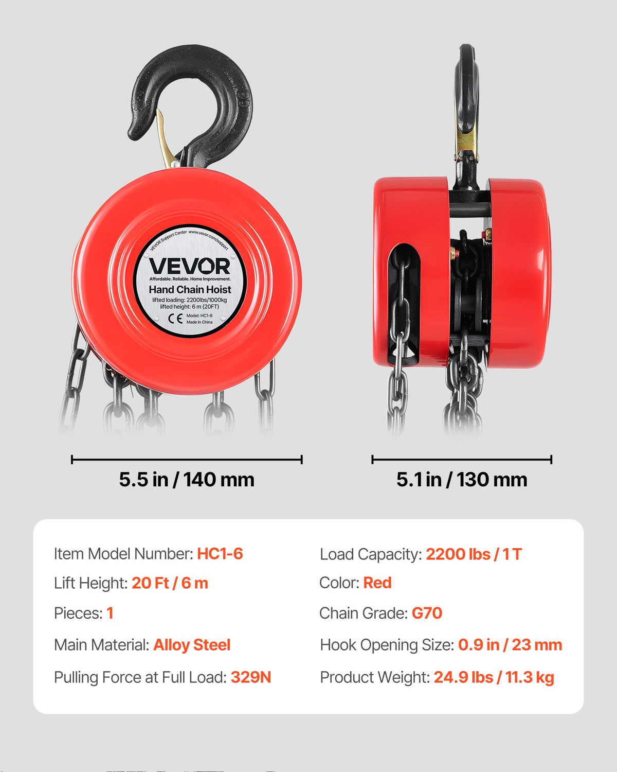 Hand Chain Hoist, 1 Ton Capacity, Manual Chain Block with Upgrade G70 Galvanized Chain, 6 m Lifting Height, Heavy Duty Pulley Hoist for Garage Warehouse Automotive Machinery, Red