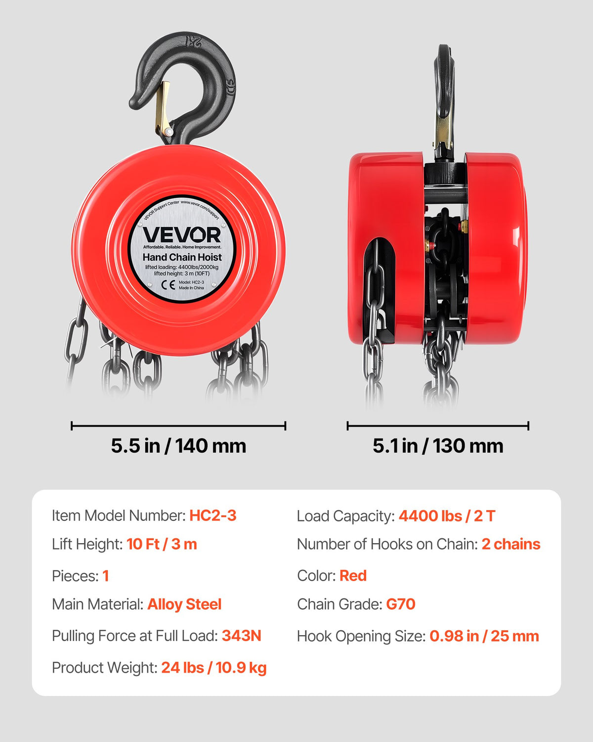 Hand Chain Hoist, 2 Ton Capacity, Manual Chain Block with Upgrade G70 Galvanized Chain, 3 m Lifting Height, Heavy Duty Pulley Hoist for Garage Warehouse Automotive Machinery, Red