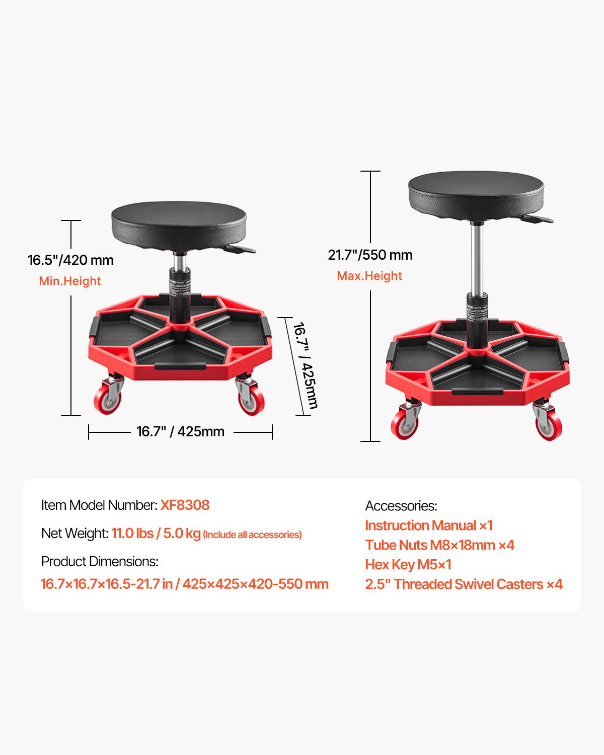 Rullande mekanikerpall med hjul, kapacitet 136 kg garagestol/arbetspall, justerbar höjd (40-54 cm) rullande krypstol med verktygslåda, för garage, verkstad och bilreparationer, svart+röd