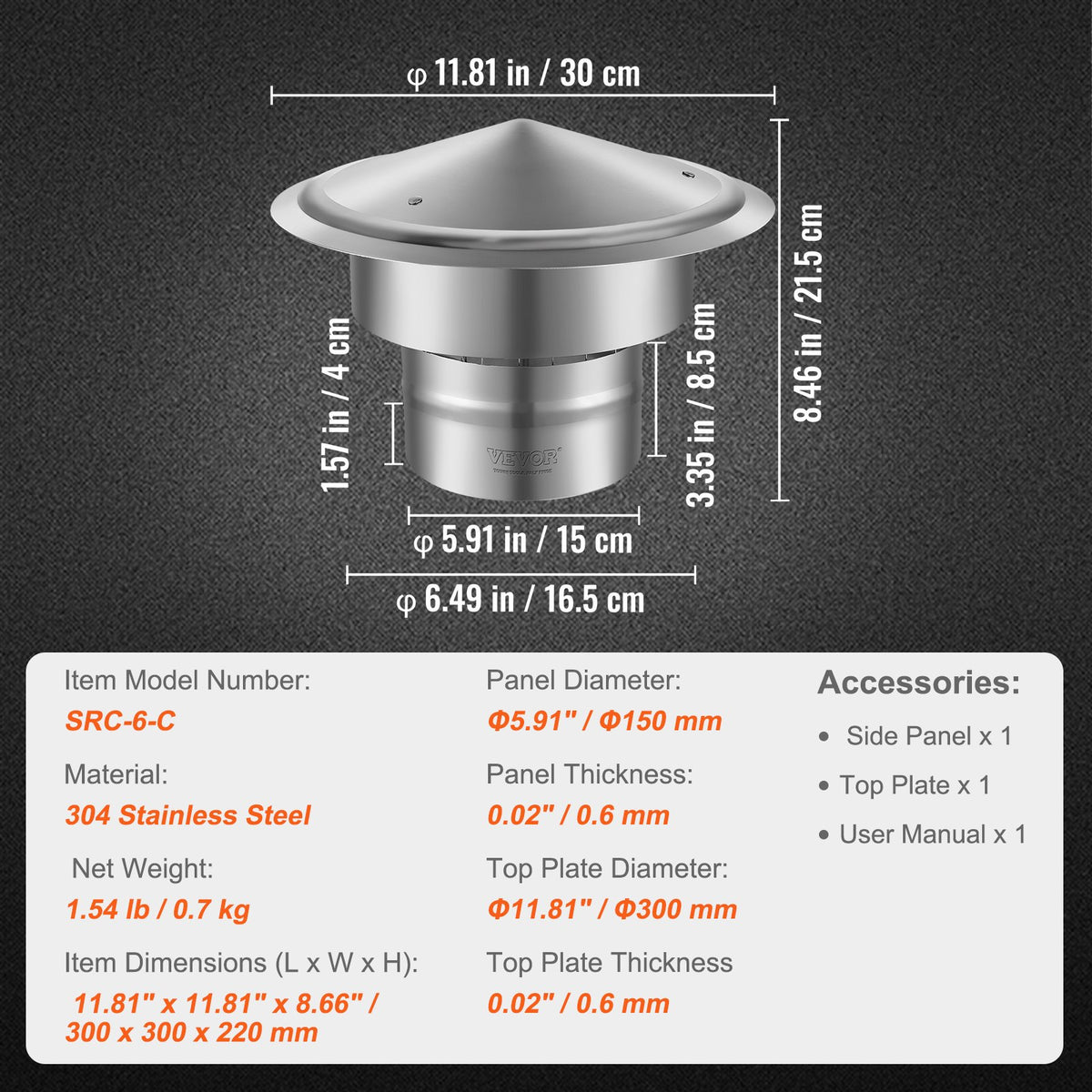 Chimney Cap, 152.4 mm, 304 Stainless Steel Round Roof Rain Cap, 300mm Increased Caps, All Weather & Reinforced Screws & Easy Installation, for Perfect Insulation Vent Cover Outside, Silver