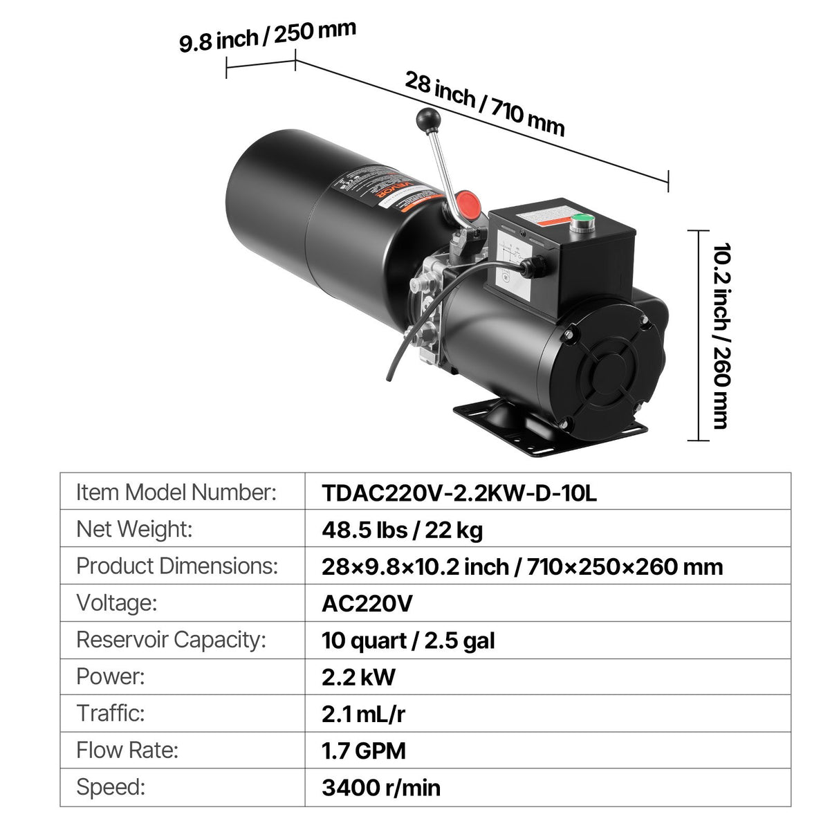 Hydraulpumpsaggregat, AC 220V, 10 liters enkelverkande hydraulaggregat, 6,3 l/min oljeflöde, max. utloppstryck 22 MPa för dumper, bilverkstad, billyftplattformar, svart