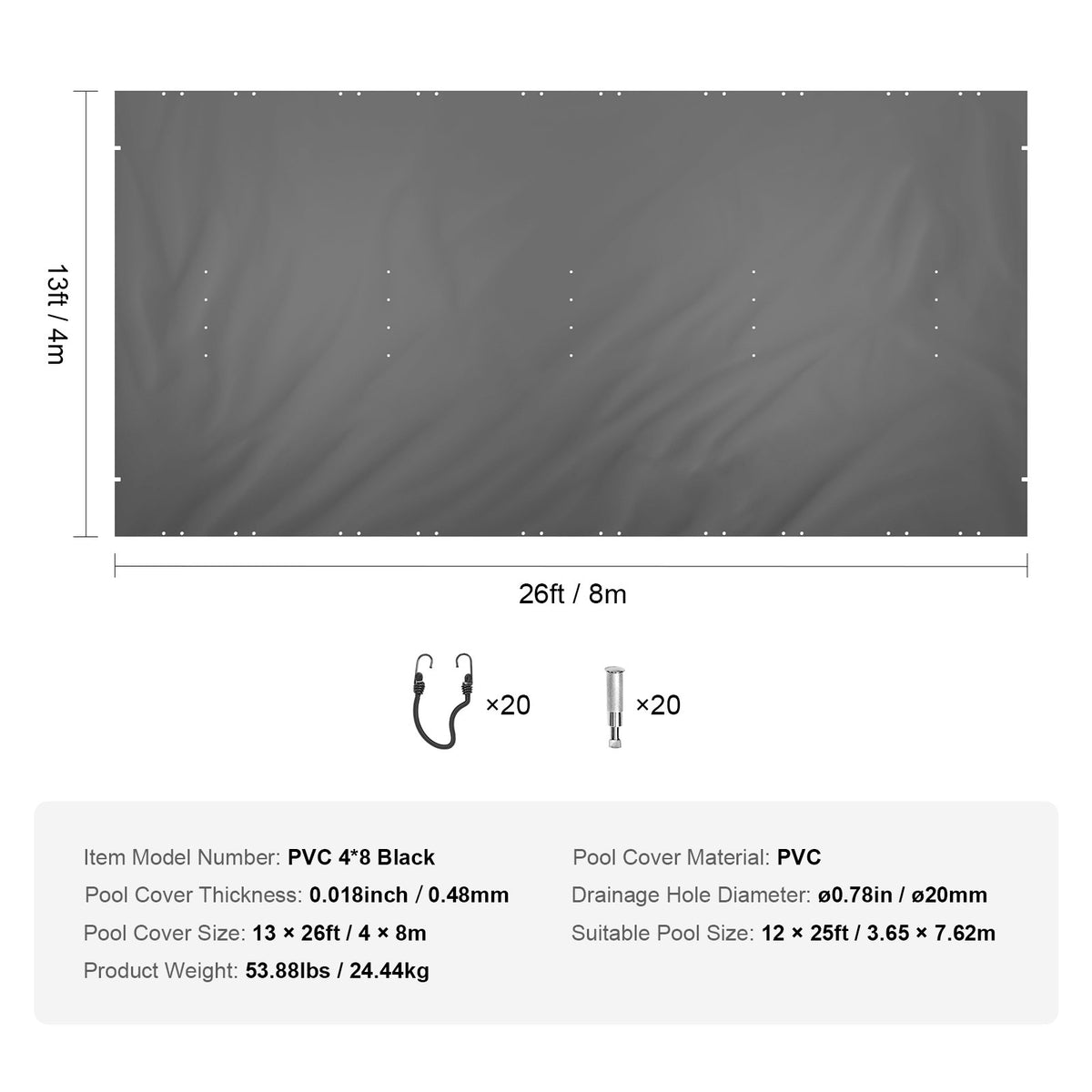 Pool Safety Cover, 4 x8 m In-ground Pool Cover, Charcoal In-ground Pool Cover, PVC Pool Covers Rectangular Safety Pool Cover Solid Safety Pool Cover for Swimming Pool Winter Protection Cover