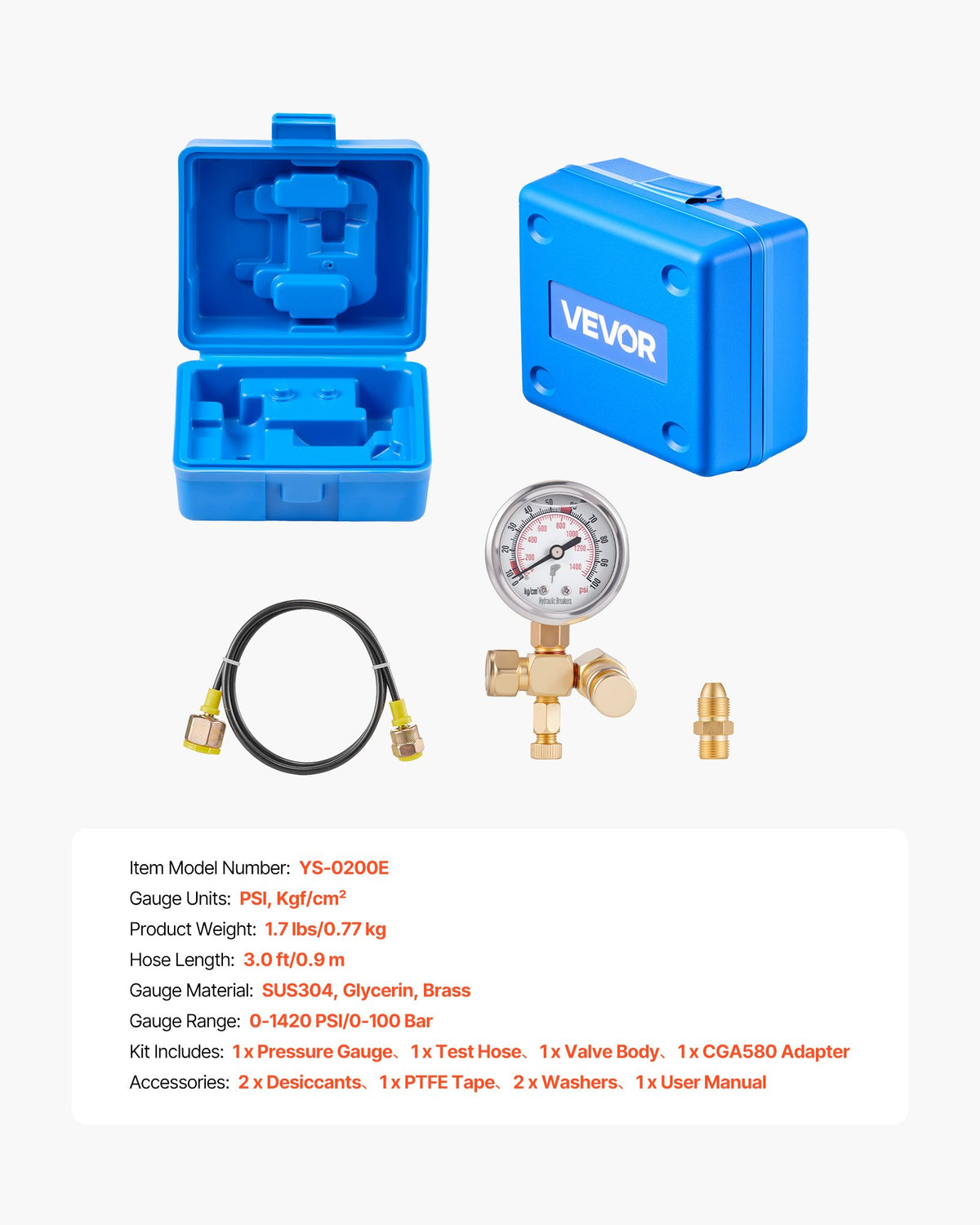 Hydraulisk kväveackumulatorladdningssats, 0-100 bar kvävepåfyllningssats, trycktestsystem med 1 tryckmätare, 1 gasslang, 1 ventilhus och 1 CGA580-adapter för byggmaskiner