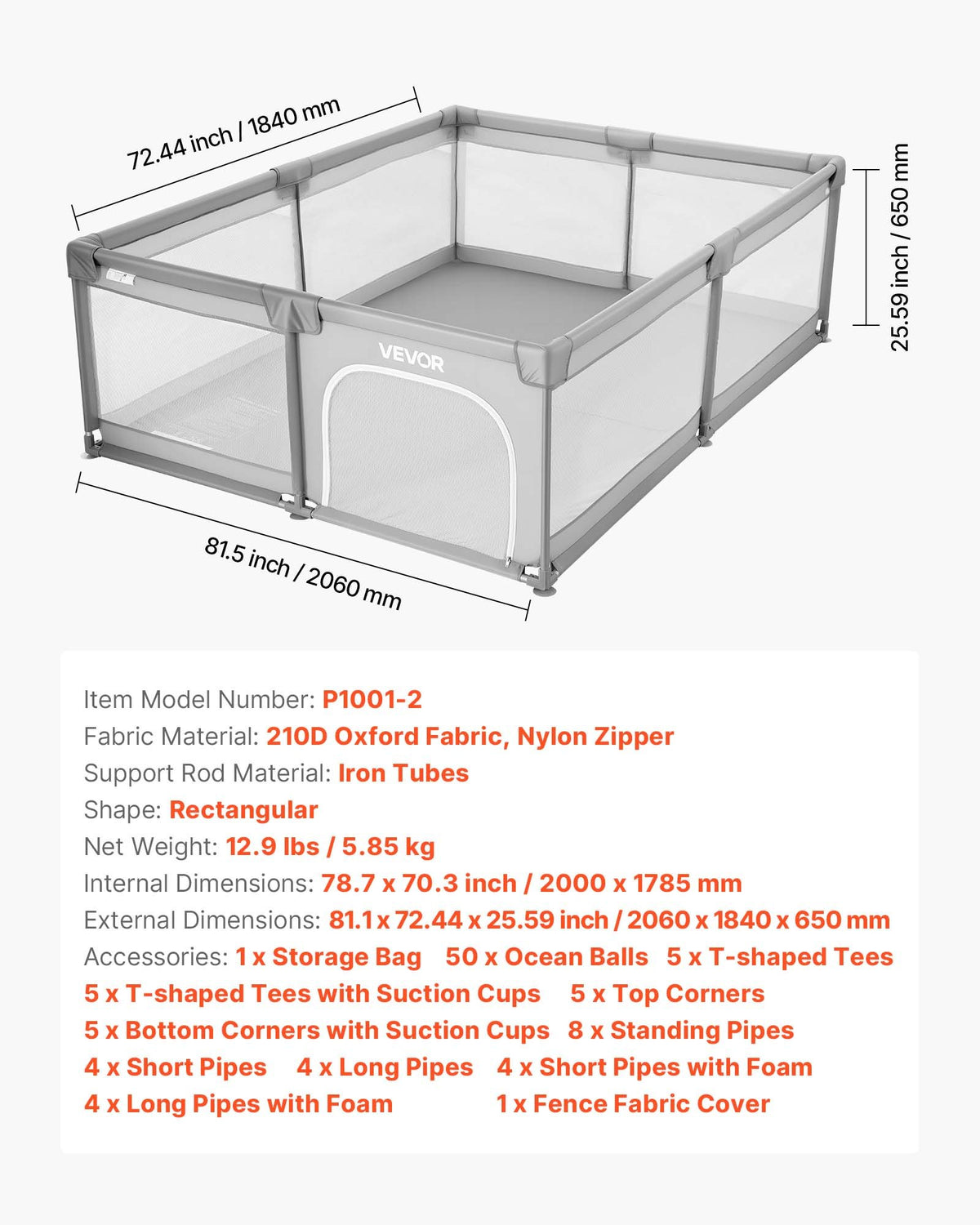 Lekhage för spädbarn, 2000 x 1785 mm extra stor lekhage för spädbarn, lekplats med staket för inomhus/utomhusbruk, säkerhetsaktivitetscenter utan mellanrum med 50 havsbollar, dragkedja med dörr och mjukt, andningsbart nät