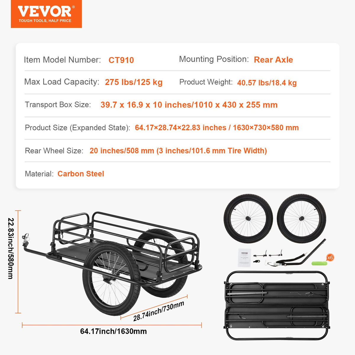 Cykelkärra, lastkapacitet 124,7 kg, kraftig cykelkärra, hopfällbar kompakt förvaring och snabbkoppling med universalkoppling, 50,8 cm hjul, passar de flesta cykelhjul, ram i kolstål