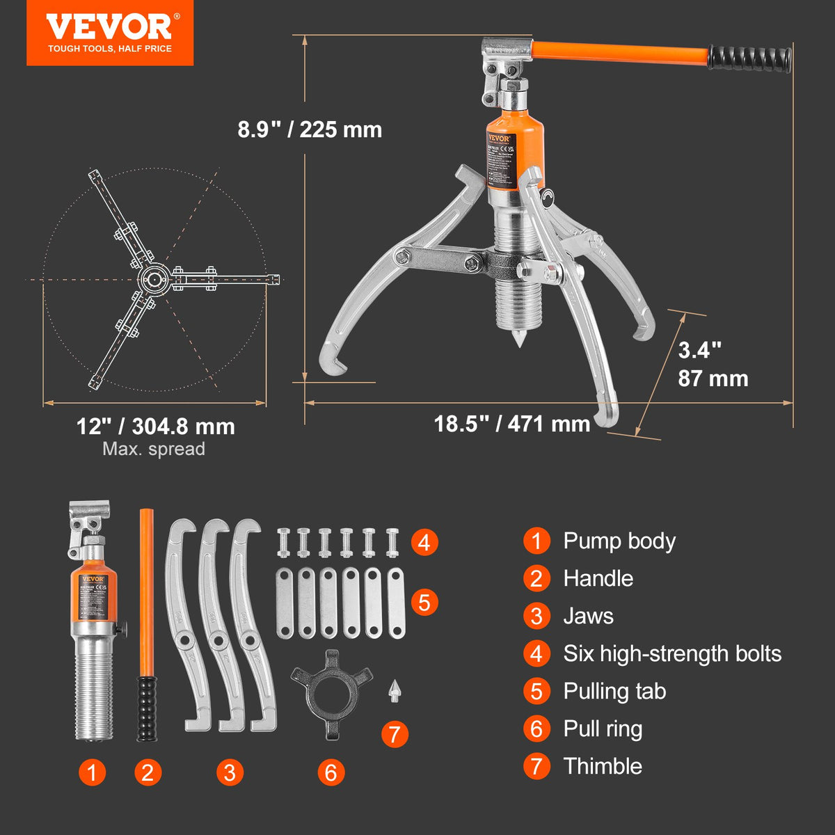 Hydraulic Gear Puller, 15 Ton Max Capacity Wheel Bearing Pulling Separator, 2 or 3 Jaws Puller, Vertically and Horizontally, 30.5cm Jaw Hydraulic Puller with Case for Pulling Hubs