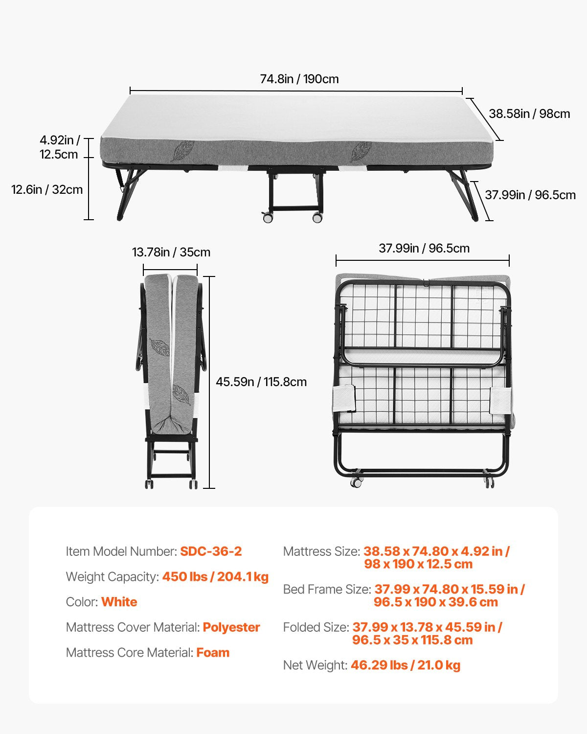 Rollaway Bed, 38 in x 75 in Folding Bed with 5 in Mattress, Twin Size Foldable Bed with Sturdy Metal Frame & Memory Foam Mattress, Portable Twin Roll Away Bed with Mattress, for Adults, Guest