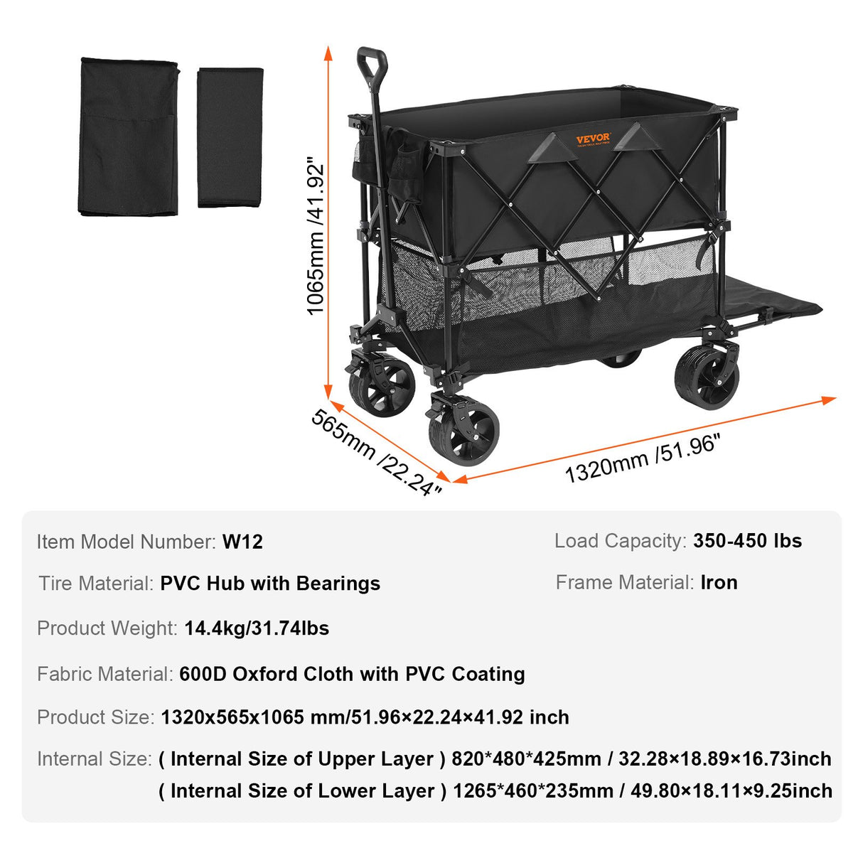 Hopfällbar dubbeldäckare, 400L hopfällbar vagn med terränghjul, kraftig hopfällbar vagn, viktkapacitet 147-227 kg för camping, shopping, trädgård, 132 cm extra lång förlängare