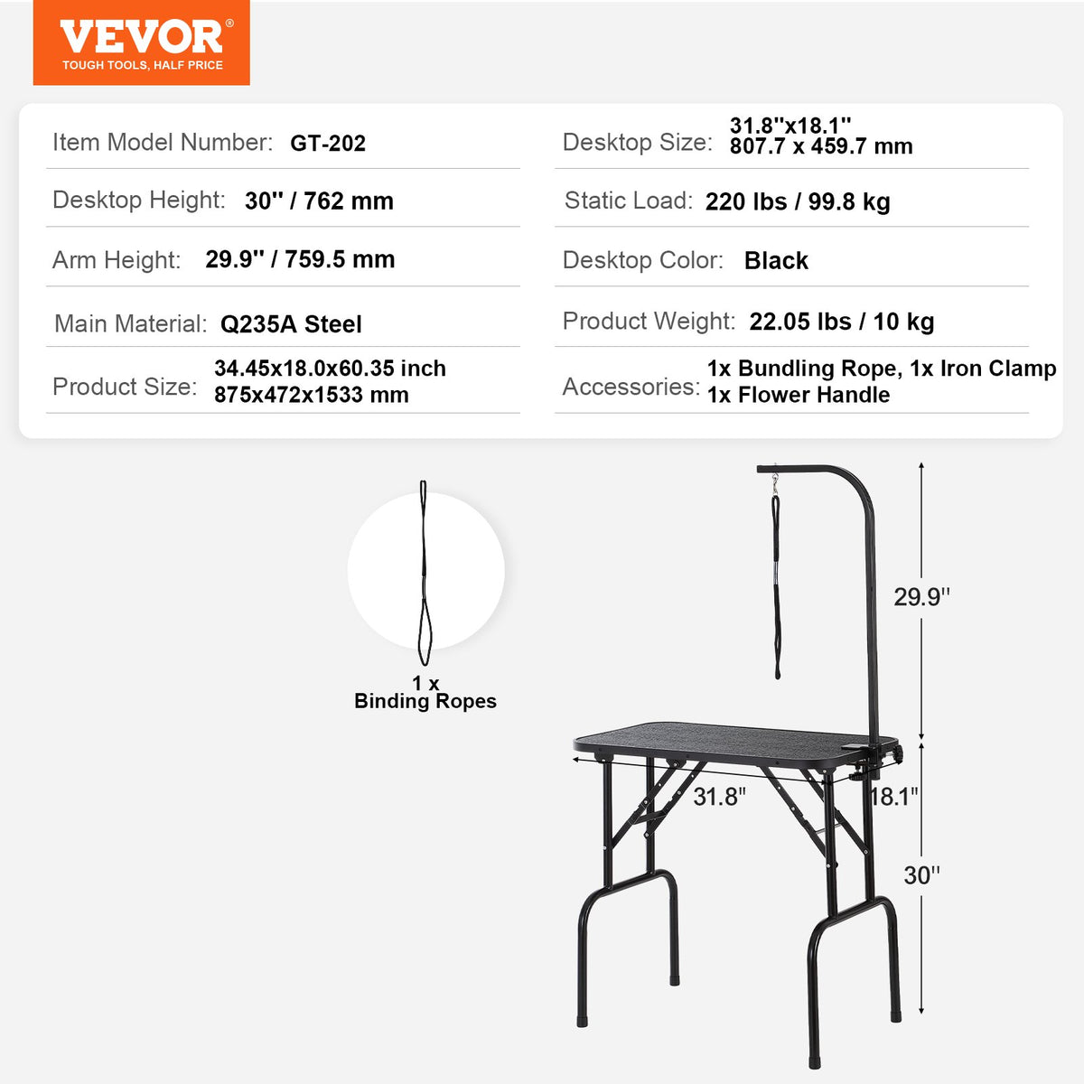 Arm för husdjurstrimningsbord med klämma, 808 x 460 mm hundtrimningsstation, hopfällbart trimningsställ för medelstora och små hundar, fritt sittande baksäte med trimögla, bärförmåga 99,8 kg