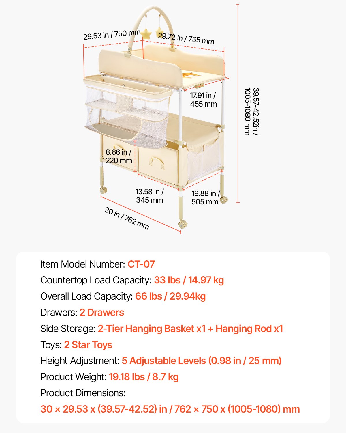 Skötbord, hopfällbar skötbordsstation med 2 tyglådor, sidokorg och hängstång, justerbart bärbart skötbord med låsbara hjul och 2 stjärnleksaker, ljusbeige