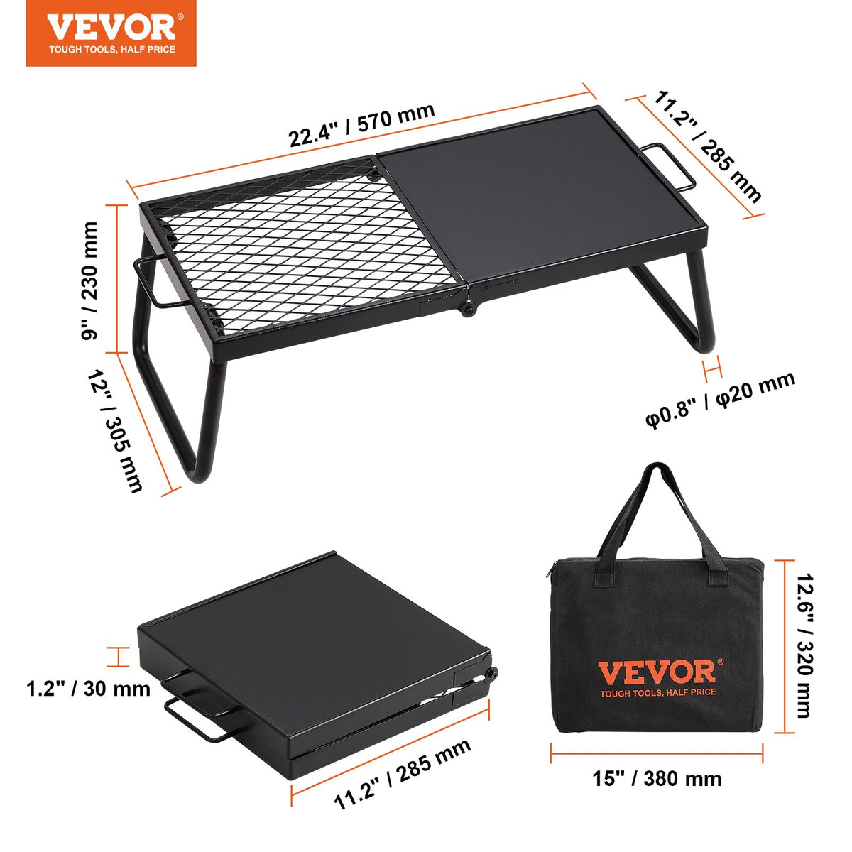 Folding Campfire Grill, Heavy Duty Steel Mesh Grate, 57cm Portable Camping Grates Over Fire Pit, Camp Fire Cooking Equipment with Legs Carrying Bag, Grilling Rack for Outdoor Open Flame Cooking