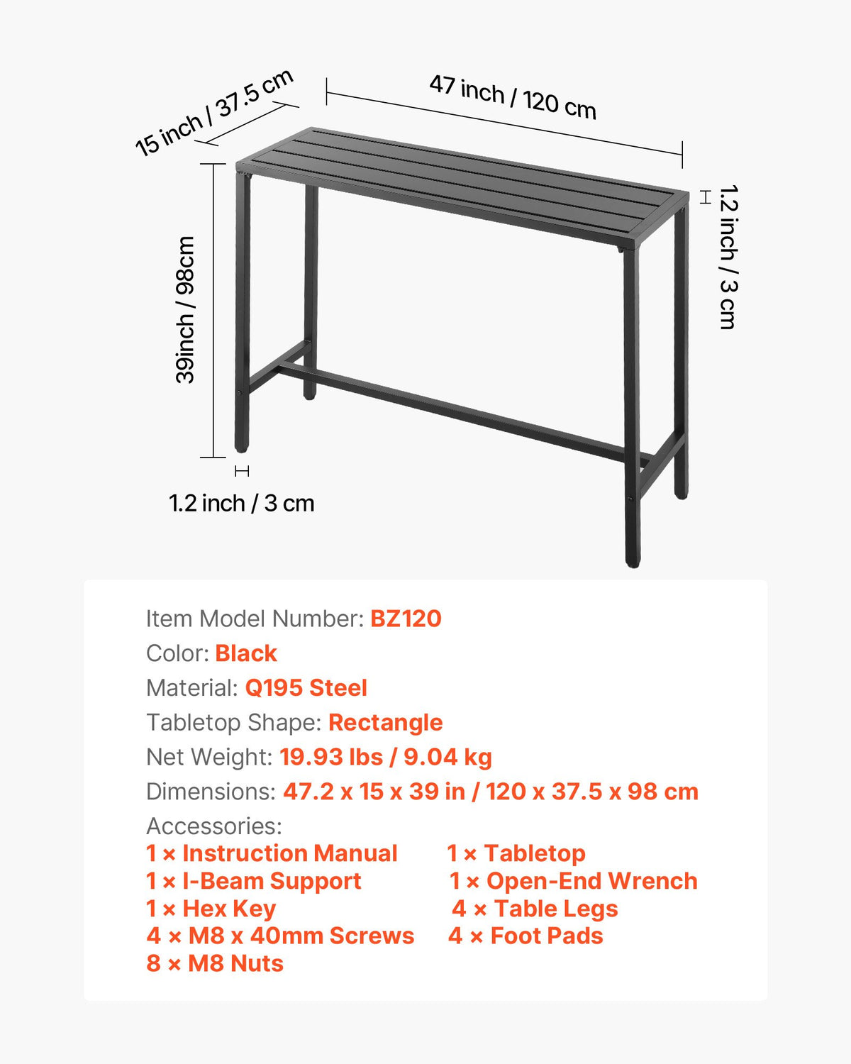 Outdoor Bar Table, 120 x 37.5 cm Patio Bar Table, Waterproof Top & Sturdy Metal Frame, Rectangle Counter Height Dining Tables, Outdoor Furniture for Balcony, Yard, Hot Tub, Poolside, Indoor
