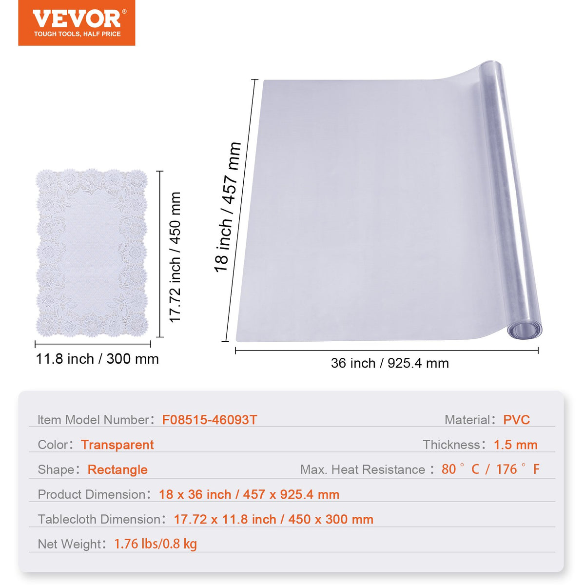 Genomskinligt bordsskydd, rektangulärt bordsskydd 45 x 80 cm, 1,5 mm tjock PVC-plastduk, vattentätt skrivbordsskydd för skrivbord, soffbord, matbord