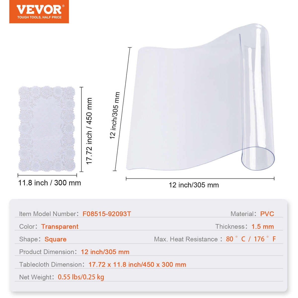 Genomskinligt bordsskydd, 12" x 12"/305 x 305 mm bordsskydd, 1,5 mm tjock PVC-plastduk, vattentätt skrivbordsskydd för skrivbord, soffbord, matbord