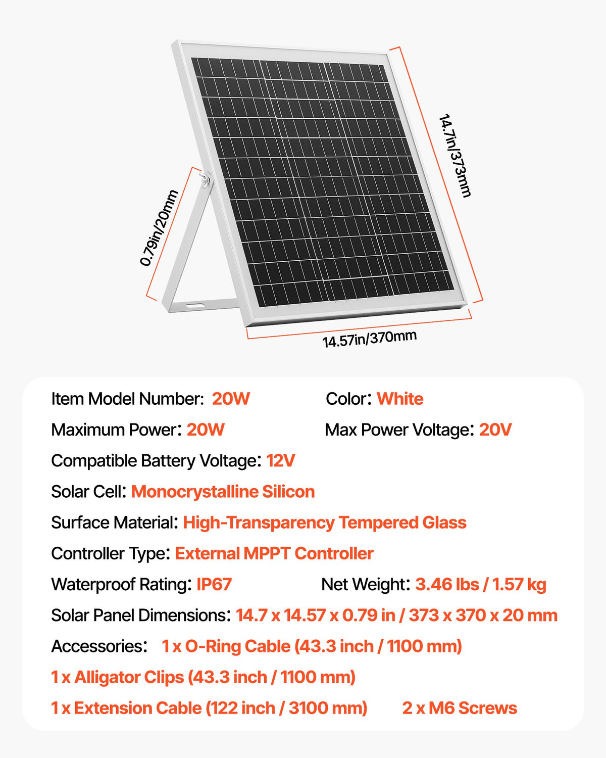 20W 12V Solar Panel Battery Charger, Solar Battery Trickle Charger Maintainer with Intelligent MPPT Controller & Adjustable Mount Bracket, IP67 Waterproof for Car Boat RV Motorcycle Trailer
