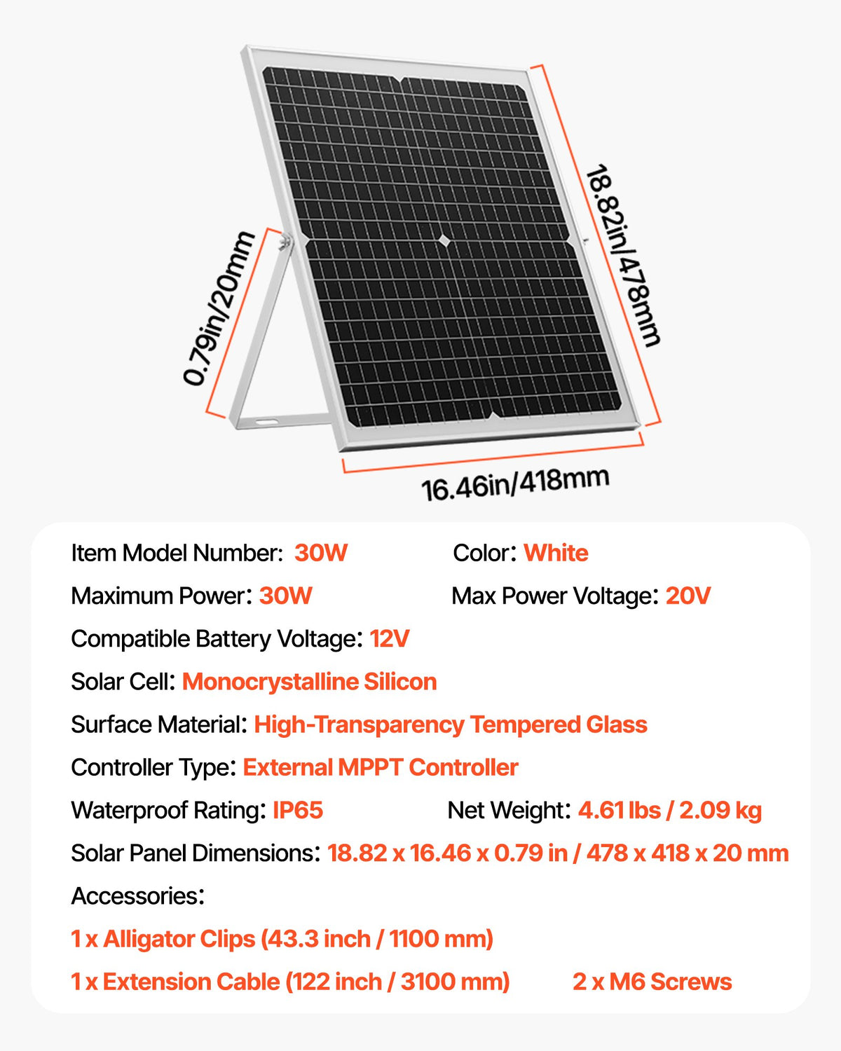 30W 12V Solar Panel Battery Charger, Solar Battery Trickle Charger Maintainer with Intelligent MPPT Controller & Adjustable Mount Bracket, IP67 Waterproof for Car Boat RV Motorcycle Trailer