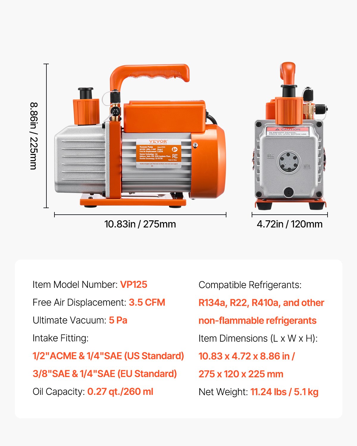 Vakuumpump, 217 L/min (3,5 CFM), HVAC enstegs roterande lamellvakuumpump, för R134a R22 R410a-system, vakuumpumpsats för bil-AC med oljeflaska, för underhåll av luftkonditioneringsapparater i bilar, avgasning av harts