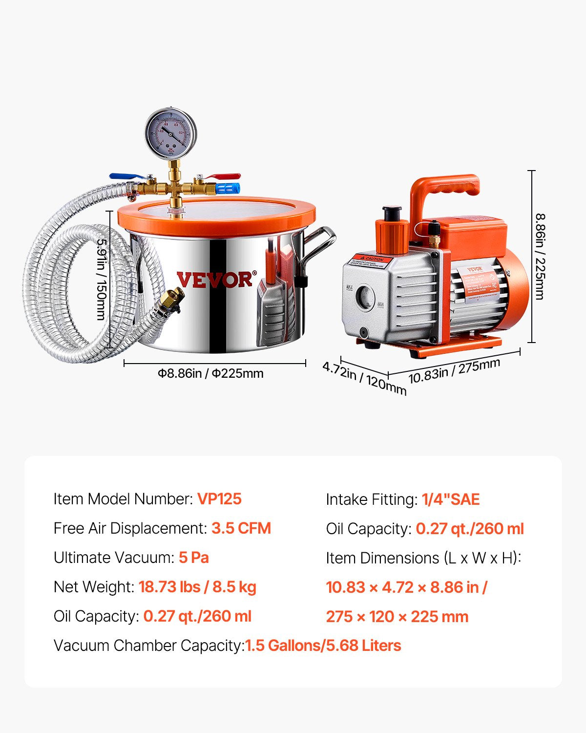 5,7 l (1,5 gallon) vakuumkammare och 100 l/min (3,5 CFM) pumpsats, kammare i rostfritt stål, enstegs vakuumpump avgasningskammarsats, med akryllock, olja, 1,5 m (4,92 fot) slang, för avgasning av silikonepoxiharts