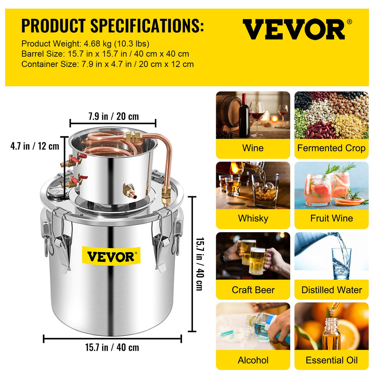 Alkoholdestillator, 50L rostfritt stål vattenalkoholdestilleri med kondensor, 13.2Gal vinbryggare med kopparrör, hembryggningssats med inbyggd termometer för gör-det-själv whisky, vin och brandy, silverfärgad