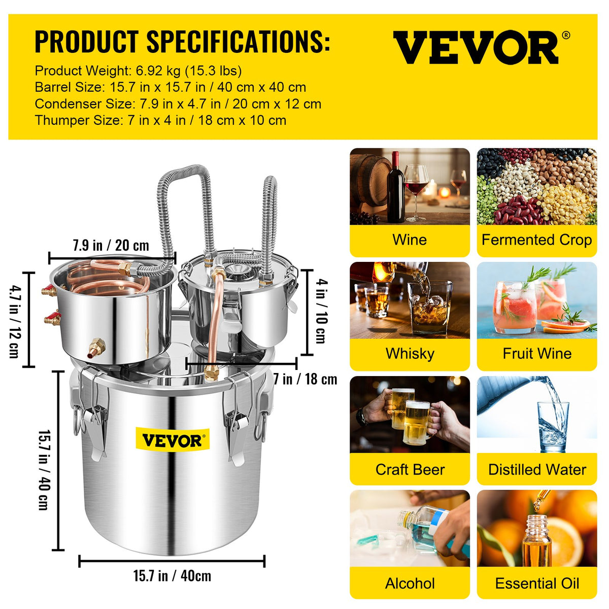 Alkoholdestillationsapparat, 50L SUS vattenalkoholdestilleri med kondensor och Thumper-fat, 13,2Gal vinbryggare med kopparrör, hembryggningssats med inbyggd termometer för gör-det-själv-whisky, vin och brandy.