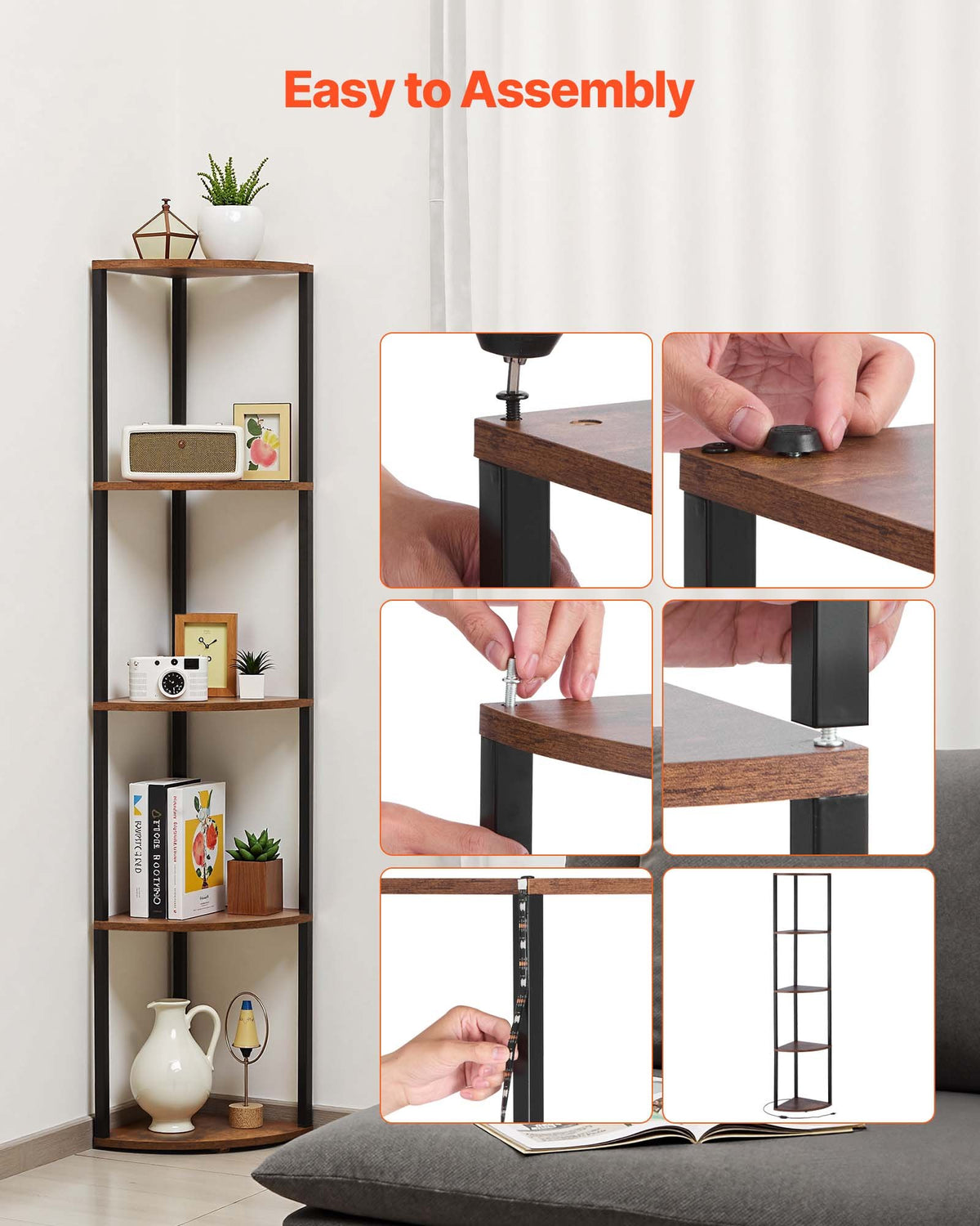 5 Tier Corner Shelf, Tall Corner Stand with LED Light, Wall Shelves Tower Storage Organizer with Metal Frame & Wooden Shelves, Narrow Display Book Shelf Rack for Bedroom, Living Room, Office