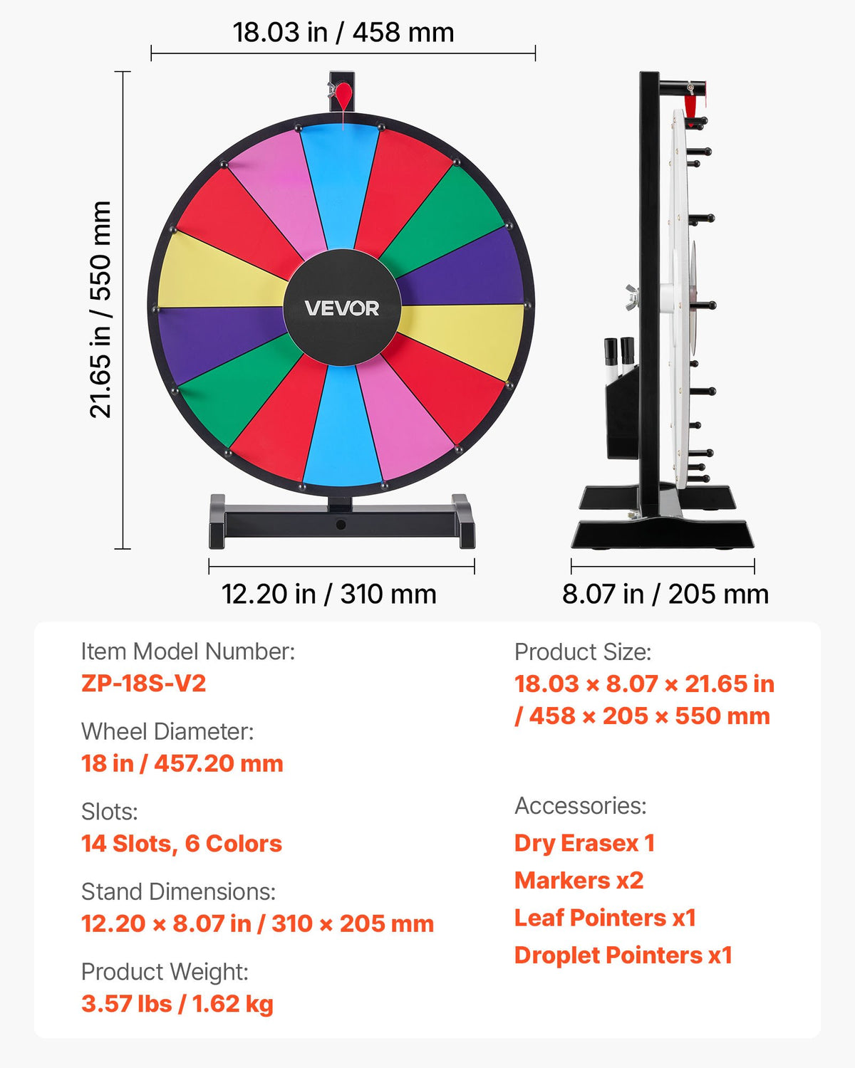 457 mm snurrande prishjul, 14 platser med stativ, bordsroulette med whiteboard och 2 markörer, 6 färger, enkel montering, för fest, pub, mässa, karnevalsevenemang