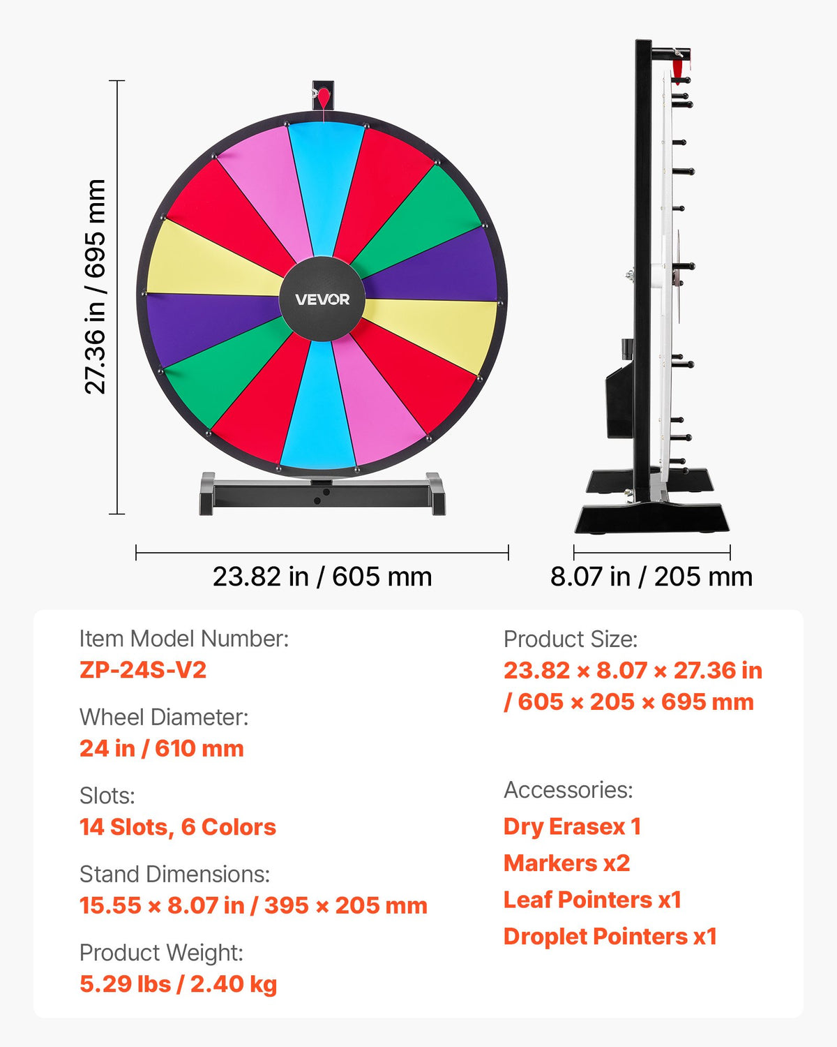 610 mm snurrande prishjul, 14 platser med stativ, bordsroulette med whiteboard och 2 tuschpennor, 6 färger, enkel montering, för fest, pub, mässa, karnevalsevenemang