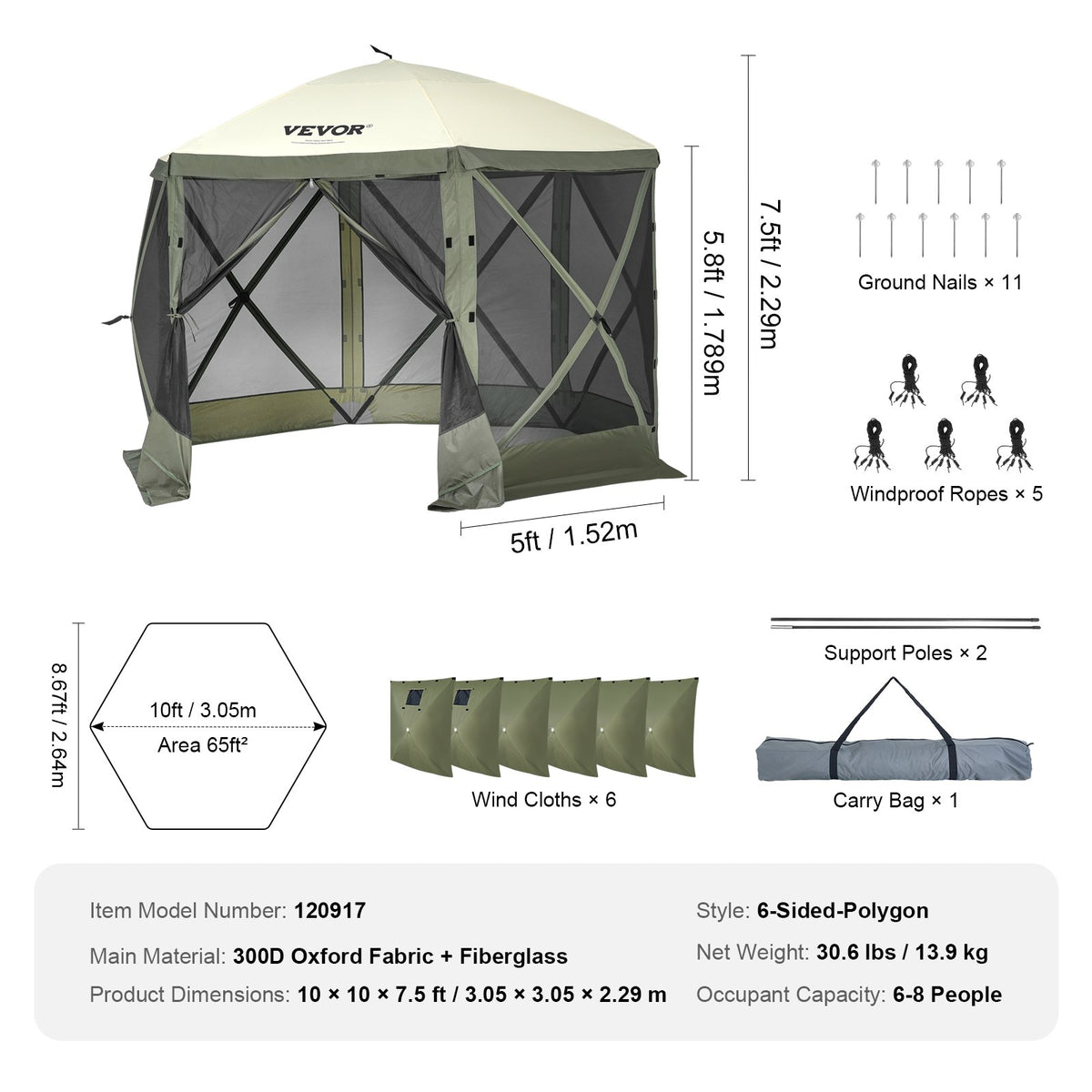 Pop-up-paviljongtält, pop-up-skärmtält med 6 sidor, solskydd med 6 avtagbara vindskydd och nätfönster, 10x10FT snabbmonterat skärmtält med myggnät, armégrönt