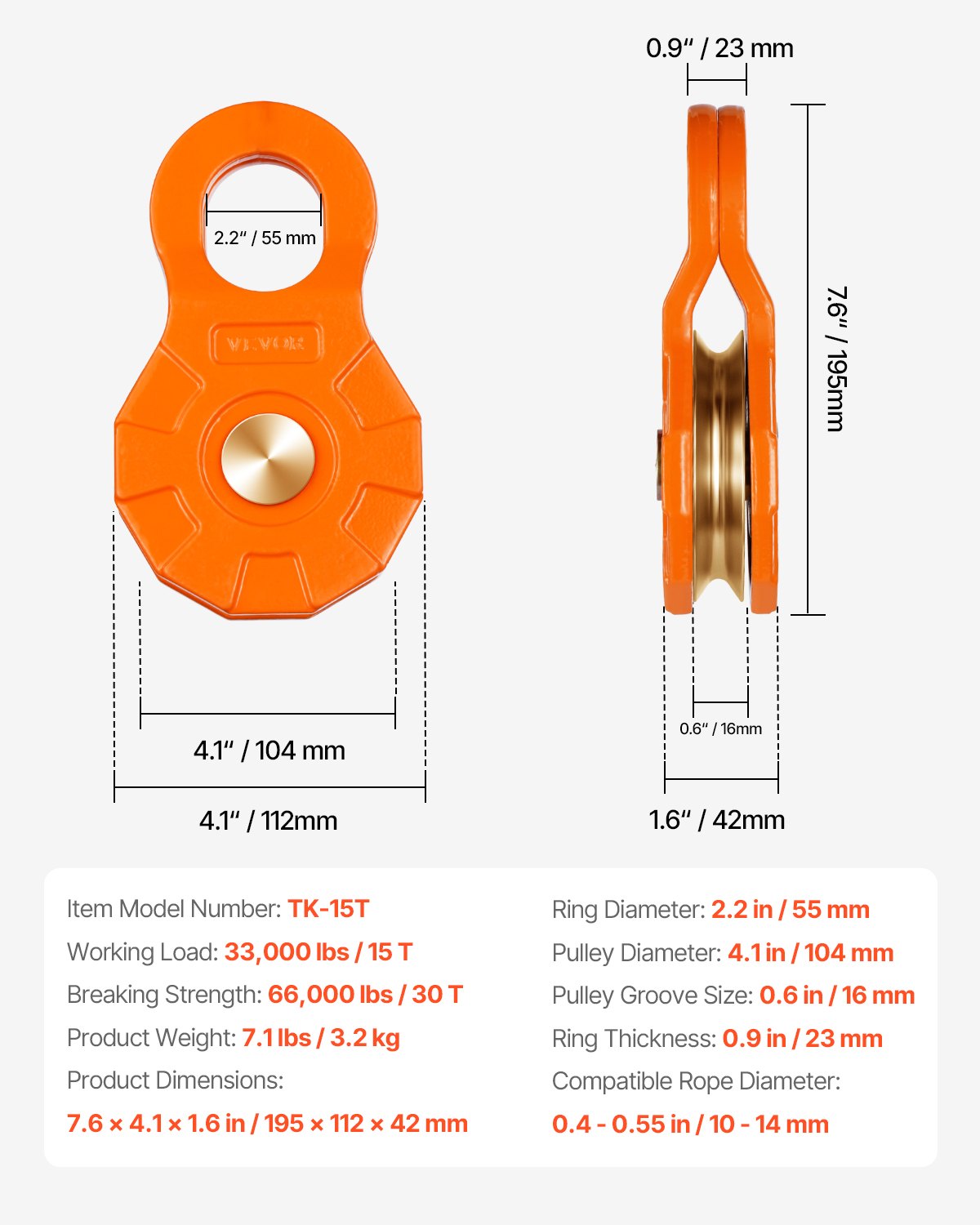 30 T ryckblock för vinschbärgning, 66 000 lbs brottstyrka remskiva system med 0,4" - 0,55" rep, kraftigt terrängbärgningstillbehör för bogsering och bärgning på lastbil, traktor, ATV och UTV