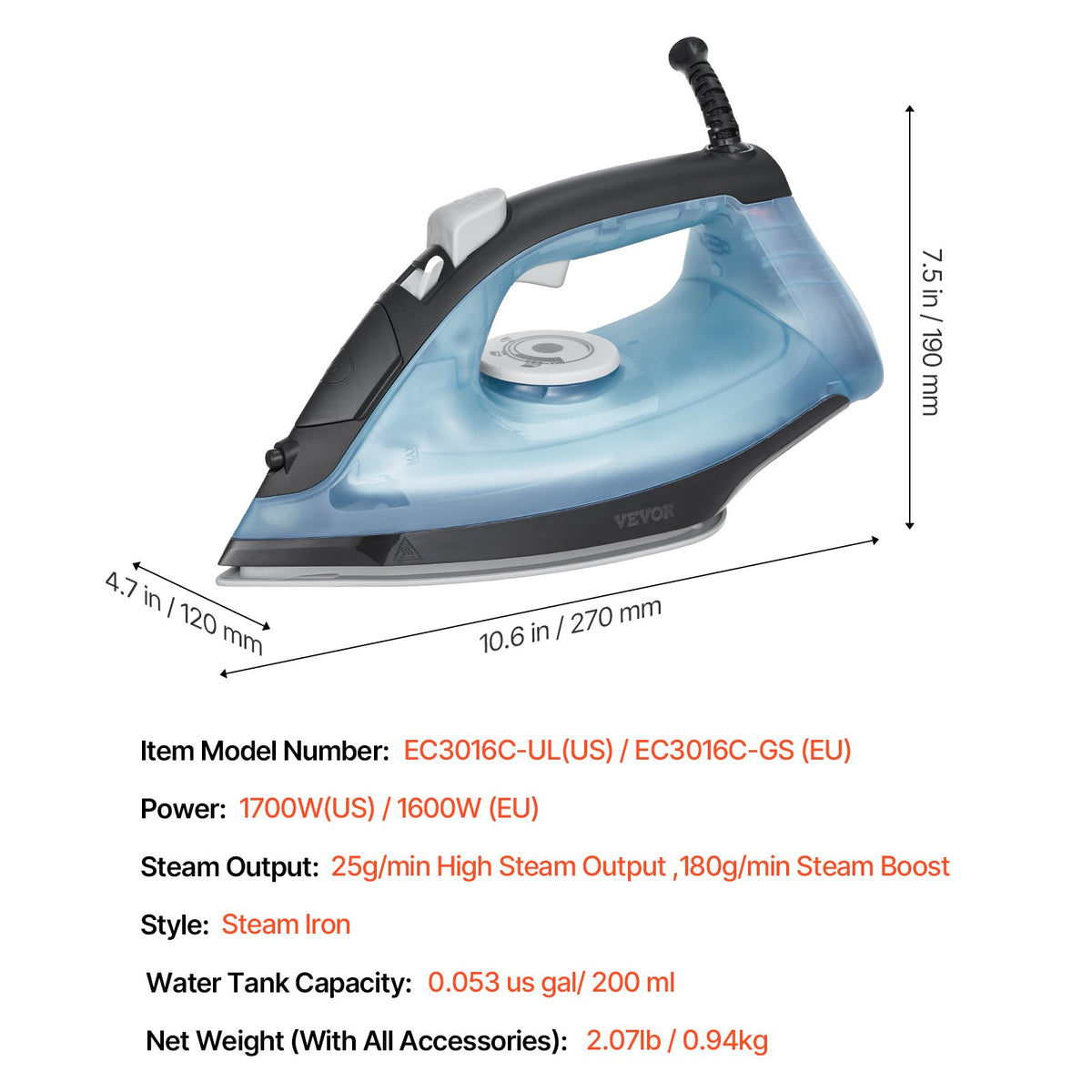 Ångstrykjärn, 1600W klädstrykjärn, aluminiumlegering + PTFE-stryksula, automatisk avstängning, självrengörande, fyra temperaturinställningar, snabb uppvärmning, droppfri, klädstrykjärn för hemmastrykning