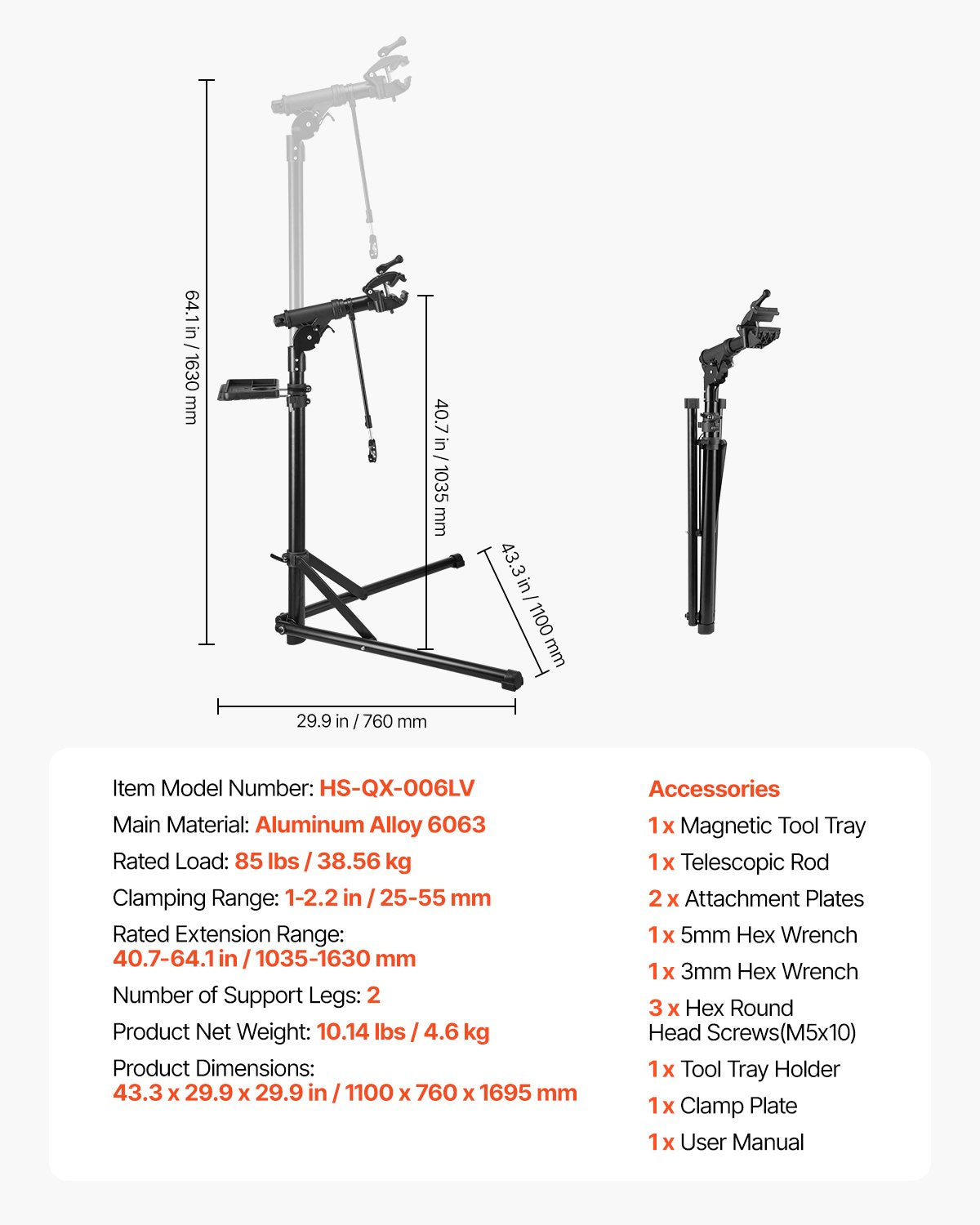 Cykelreparationsställ, 36 kg kraftigt cykelarbetsställ med 102-162 cm justerbar höjd och magnetisk verktygsbricka, hopfällbart cykelunderhållsställ, Shop Home Mechanics för mountainbike och racercyklar