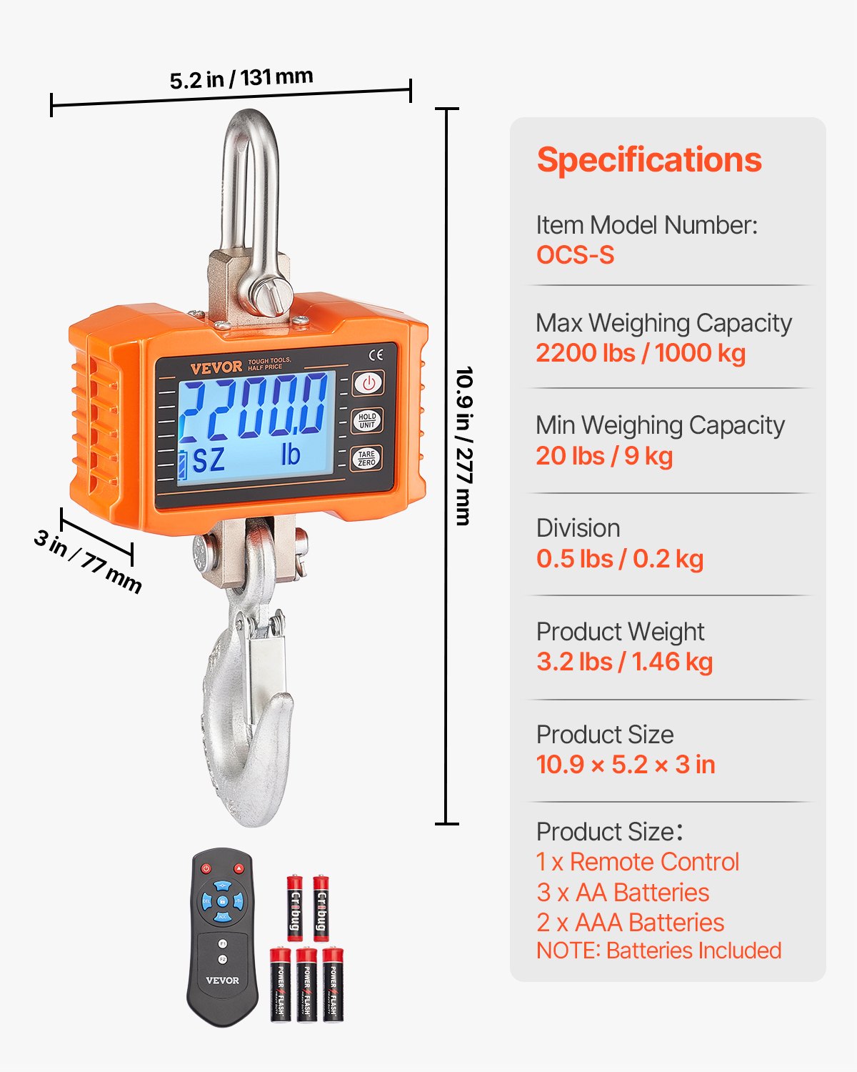 Digital kranvåg, 1000 kg, industriell kraftig hängvåg med fjärrkontroll, gjuten aluminiumhölje och LCD-skärm, hög precision för bygg, fabrik, gård, jakt (orange)