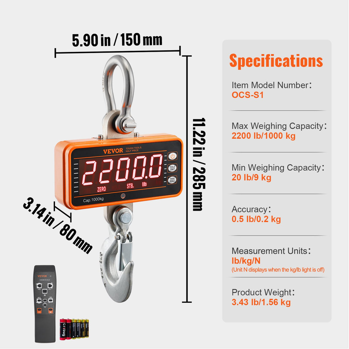 Digital Crane Scale, 2200 lbs/1000 kg, Industrial Heavy Duty Hanging Scale with Remote Control, Cast Aluminum Case & LED Screen, High Precision for Construction, Factory, Farm, Hunting (Orange)