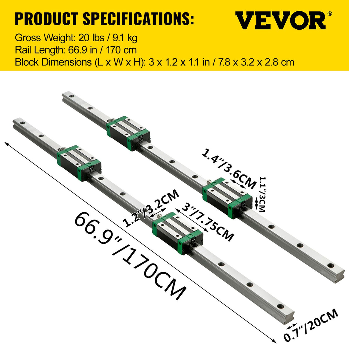 3PCS Linear Rail 2-167.6 cm(0.78-66 Inch), Linear Bearings and Rails with 4PCS HSR20 Bearing Block, Linear Motion Slide Rails plus for DIY CNC Routers Lathes Mills, Linear Slide Kit fit X Y Z Axis