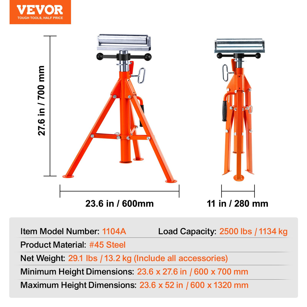 Rullstativ, kraftig 1134 kg lastkapacitet, 700 mm-1320 mm höjdjusterbar, 45# fällbart stålrullstativ för rör, träskivor