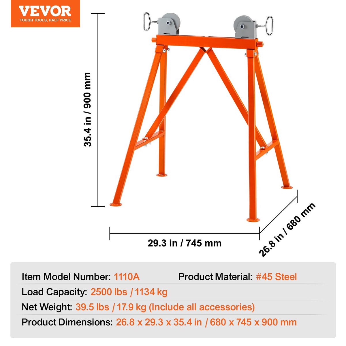 Rörställ med rullhuvud 1134 kg belastning för 5,1-91,4 cm rör 45# stål