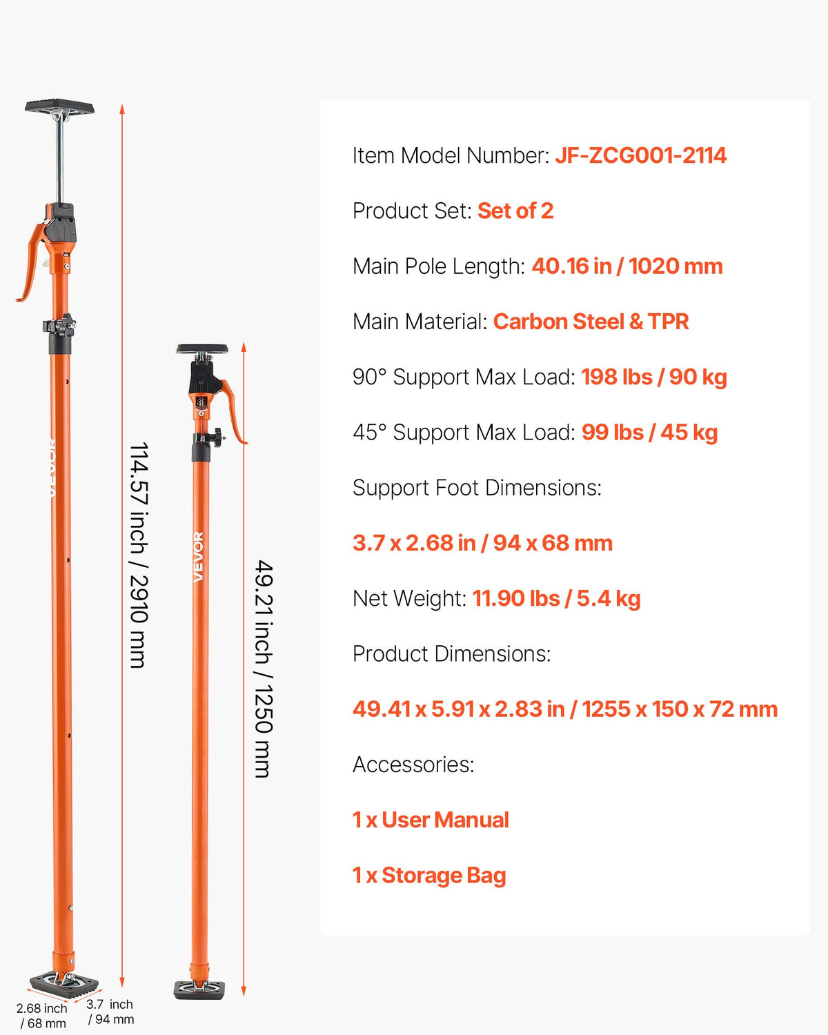 Stödstång för skåpdomkraft, 2-pack, 125-291 cm teleskopisk snabbstödstång i stål, justerbart 3:e handssystem upp till 90 kg kapacitet för installation av skåp, lyft av gipsväggar, laststänger
