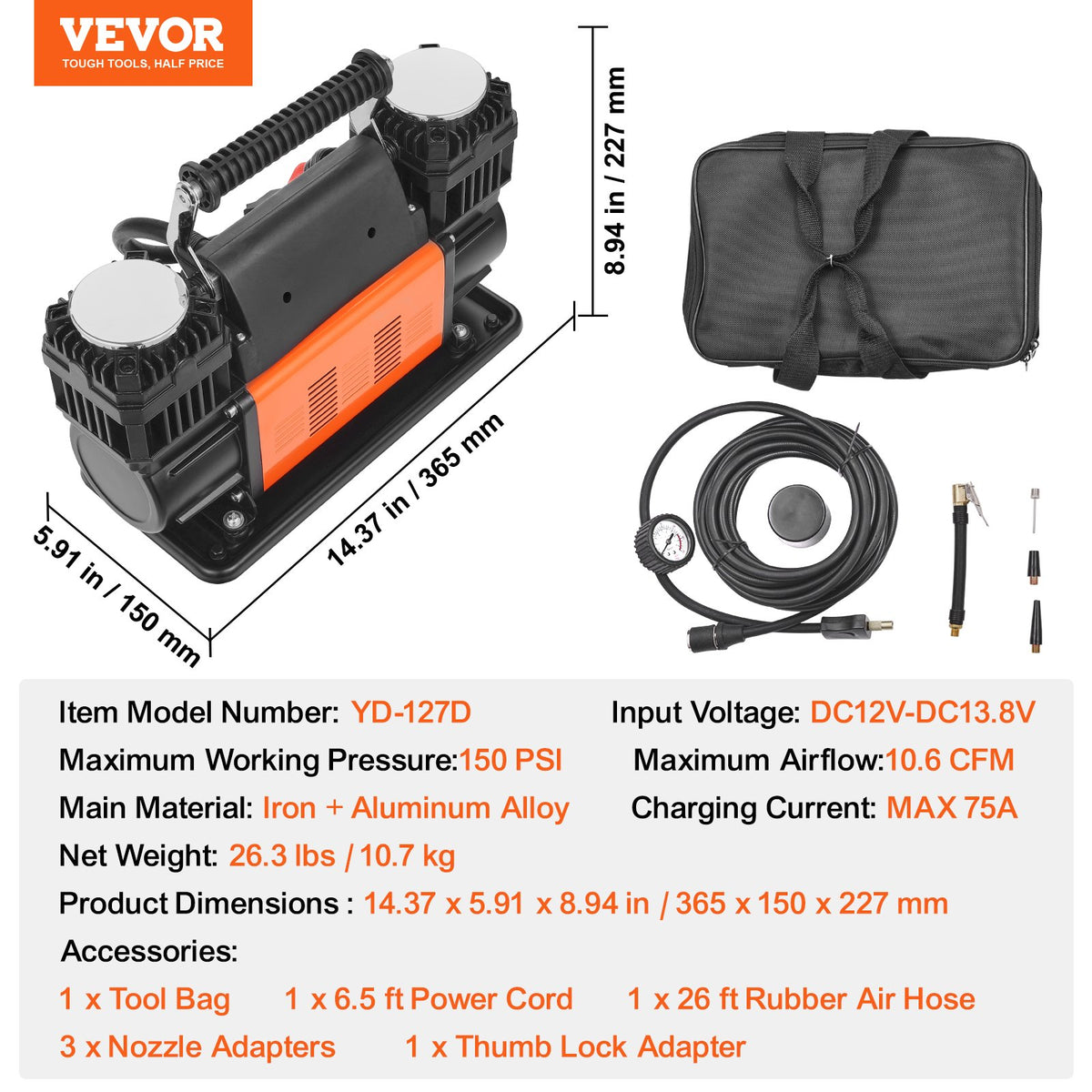 10,6 CFM kraftig luftkompressor, 30 sekunders snabb uppblåsning | Bärbar däckpump med två cylindrar, 12V 150PSI terrängluftpump med adaptrar för lastbilar, bilar, SUV, fyrhjulsdrivna fordon, husbilar
