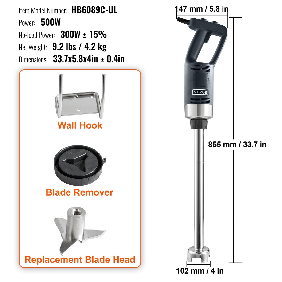 Kommersiell stavmixer, 500 watt kraftig handmixer, köksstavsmixer med variabel hastighet och kniv i 304 rostfritt stål, bärbar multifunktionell mixer för soppa, smoothie, puré, barnmat