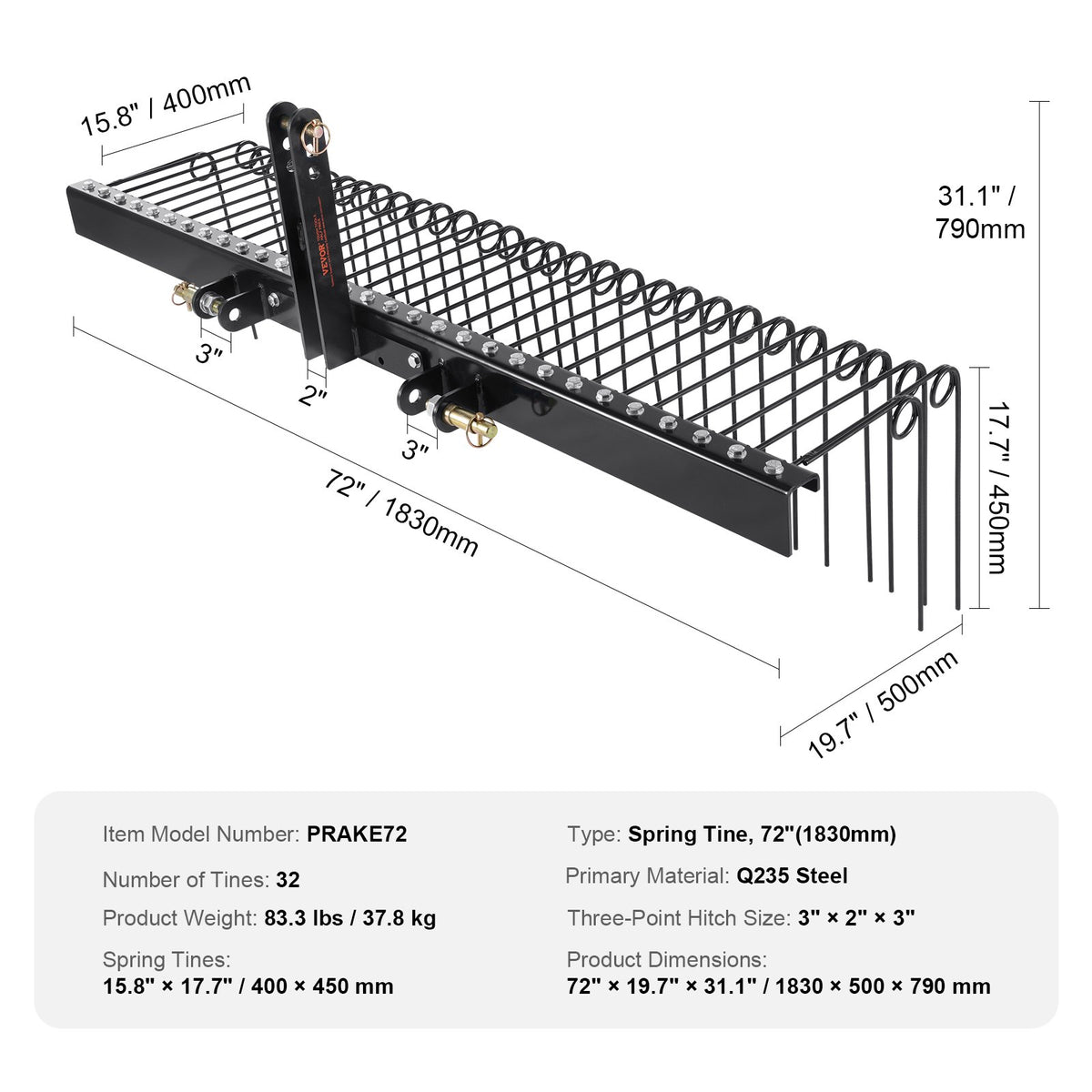 Dragbar gräsklippare 183 cm vertikalskärare med 32 stålpinnar