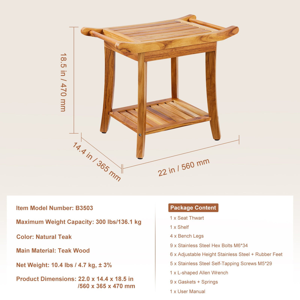 Duschbänk i teak, 62 x 34 x 48 cm, vattentät duschpall i trä med förvaringshylla och halkfria fötter, 136 kg maximal lastkapacitet för duschstol, för inomhus- och utomhusbruk i badrummet