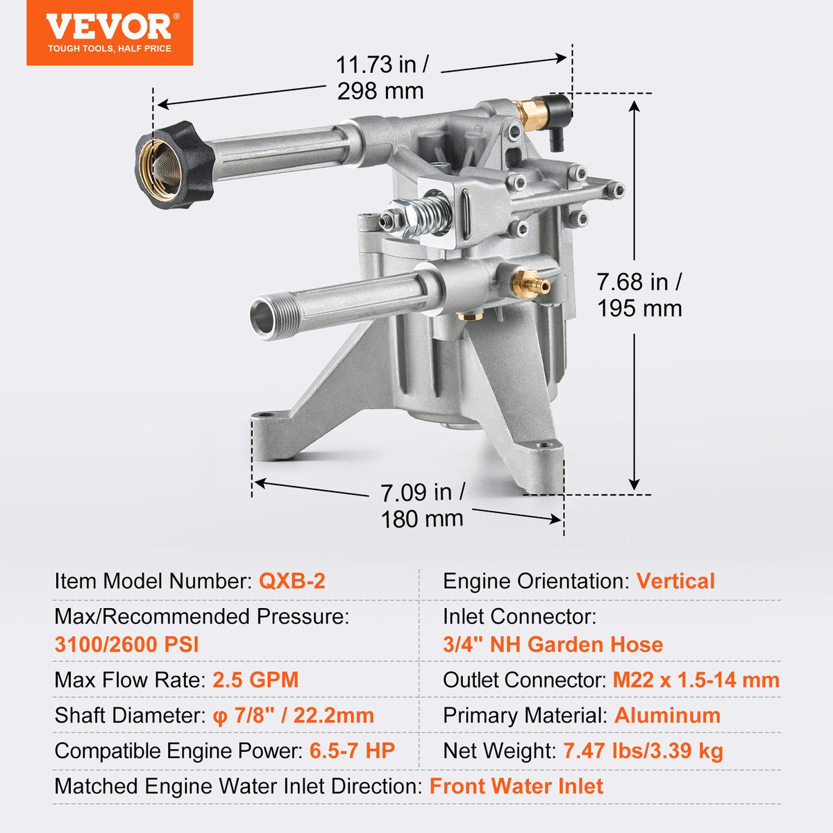 Högtryckstvättspump, 22 mm (7/8 tum) axel vertikal, 214 bar (3100 PSI), 9,5 l/min (2,5 GPM), reservpumpsats för högtryckstvätt med 5 munstycken, kompatibel med Briggs & Stratton, Generac, Devilbiss, Troy Bilt, Honda, Craftsman