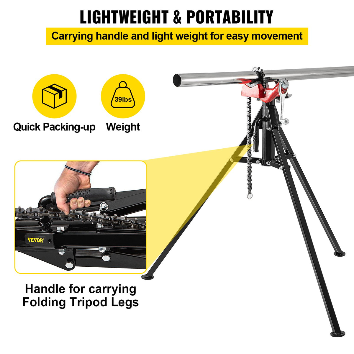 Tripod Pipe Chain Vise | 1/8"-5" Pipe Capacity | 92.5 cm Length | Portable Folding Steel Legs | Grab, Support, and Bend Pipes | Ideal for Factory, Workshop, and Home Use