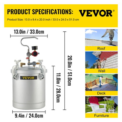 Commercial Paint Pressure Tank 2.5 Gallons Pressure Pot Tank 10L Pressure Paint Pot Feed Spray Gun 1.5mm Nozzle Paint Sprayer for 10L Capacity Painting
