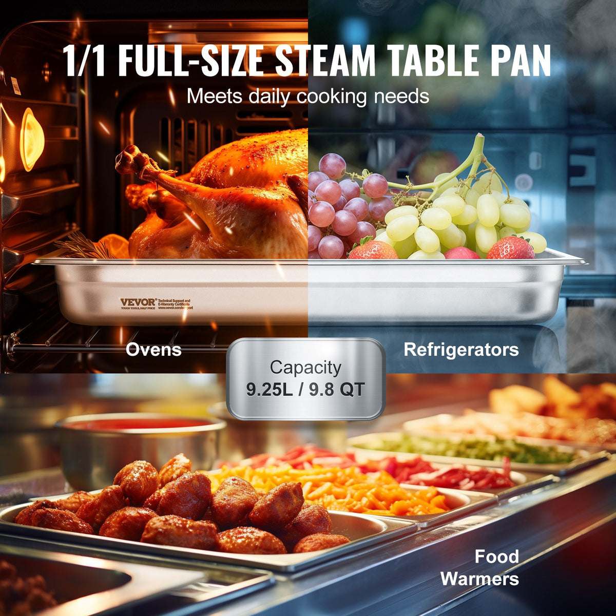6-pack hotellpannor, fullstor ångpanna med anti-jam-funktion, 0,8 mm tjock ångpanna i rostfritt stål för restaurang, 2,5 tum djup kommersiell bordsform, förvaringsform för catering, för industri och vetenskap