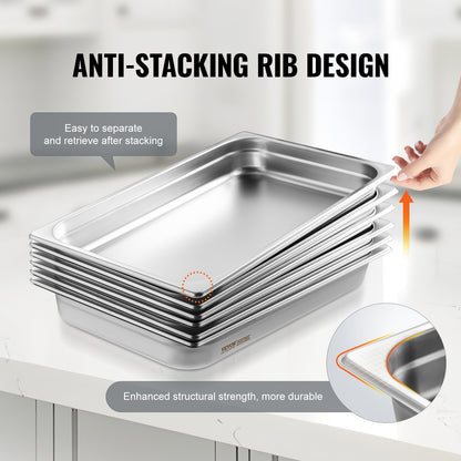 6-pack hotellpannor, fullstor ångpanna med anti-jam-funktion, 0,8 mm tjock ångpanna i rostfritt stål för restaurang, 2,5 tum djup kommersiell bordsform, förvaringsform för catering, för industri och vetenskap