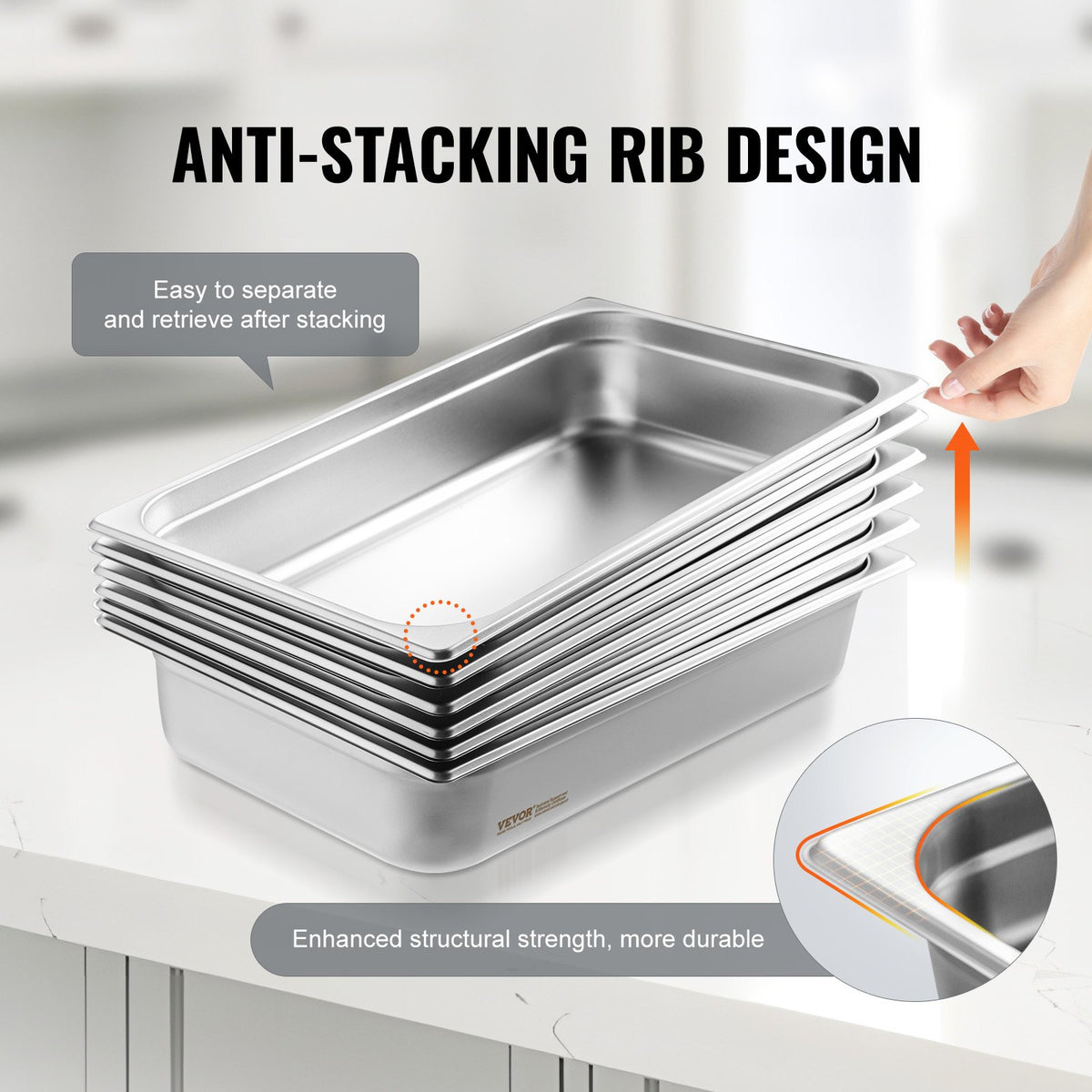 6-pack hotellpannor, fullstor ångpanna med anti-jam-funktion, 0,8 mm tjock ångpanna i rostfritt stål för restaurang, 4 tum djup kommersiell bordsform, förvaringsform för catering, för industri och vetenskap