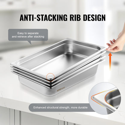 4-pack hotellpannor, fullstor ångpanna med lock och anti-jam-funktion, 0,8 mm tjock ångpanna i rostfritt stål, 4 tum djup kommersiell bordsform, förvaringsform för catering, för industri och vetenskap