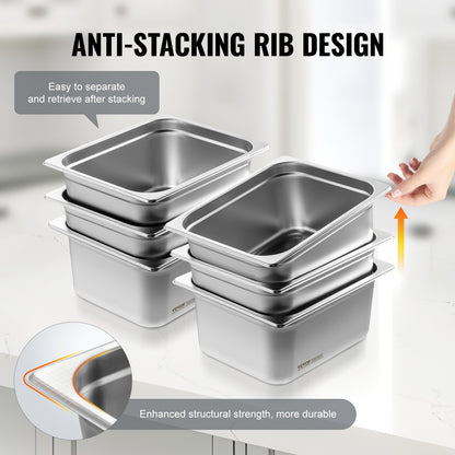 6-pack hotellpannor, 1/2 storlek anti-jam ångpanna, 0,8 mm tjock rostfri ångpanna för restaurang, 6-tums djup kommersiell bordsform, cateringförvaringsform för mat, för industri och vetenskap
