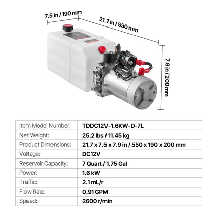 7 L Hydraulic Power Unit, Single Acting Dump Trailer Pump, 22 MPa Max Relief Pressure & 3.4 L/min Flow Rate, DC 12V Hydraulic Pump with Metal Reservoir for Dump Trailer Car Lifting